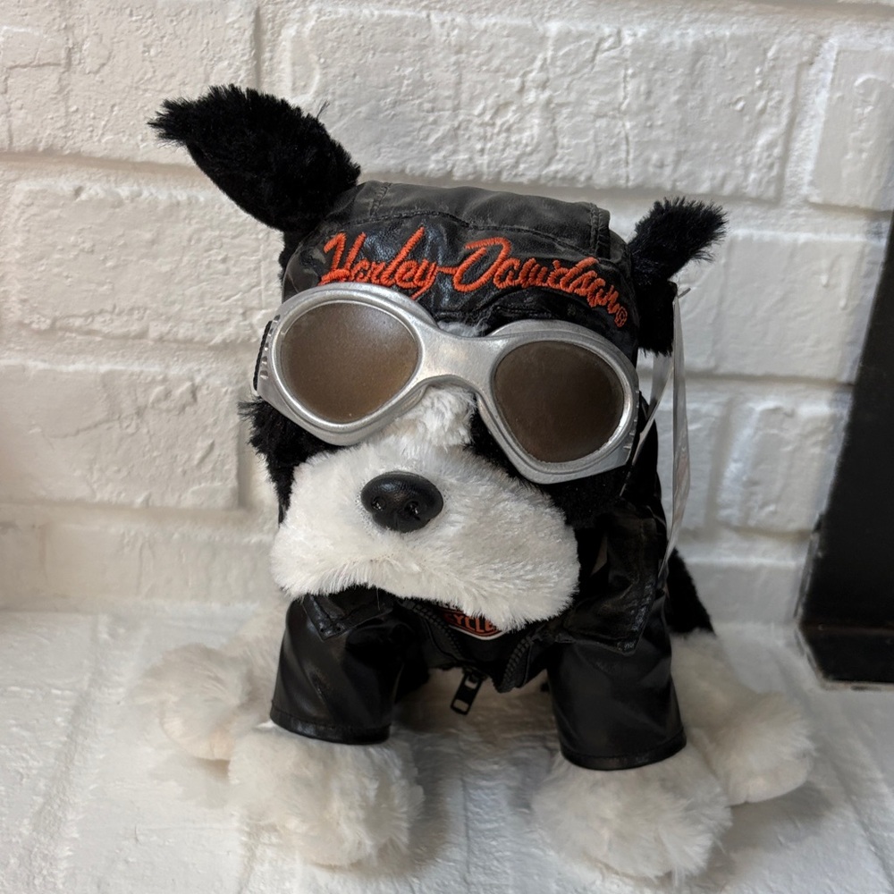 Harley-Davidson Black & White Plush Dog with Silver Goggles